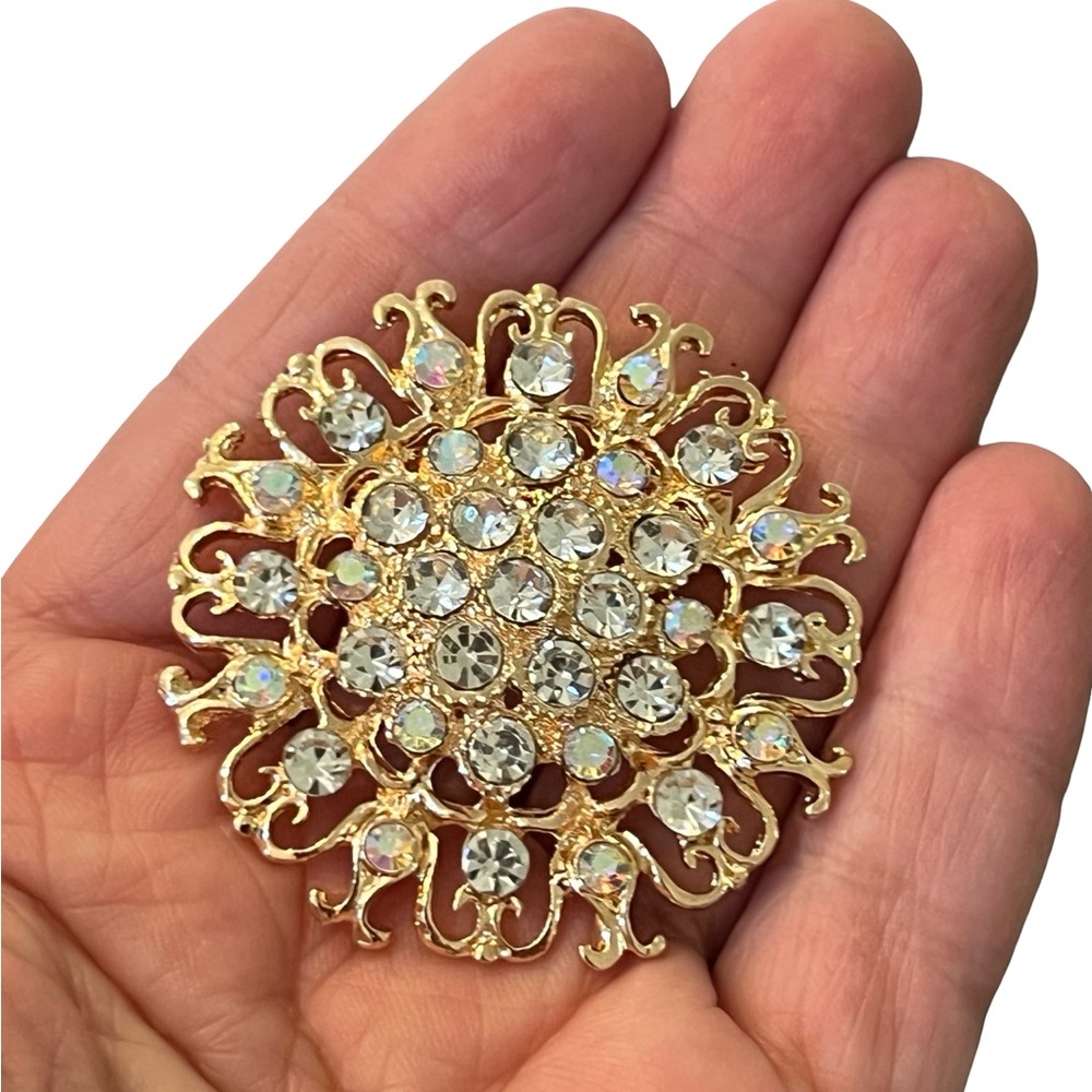 Gold-Tone Clear Crystal Filigree Brooch — Women's Jewelry